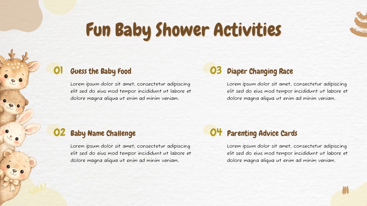 Google Slides Baby Shower Presentation Template with activity list and playful baby theme