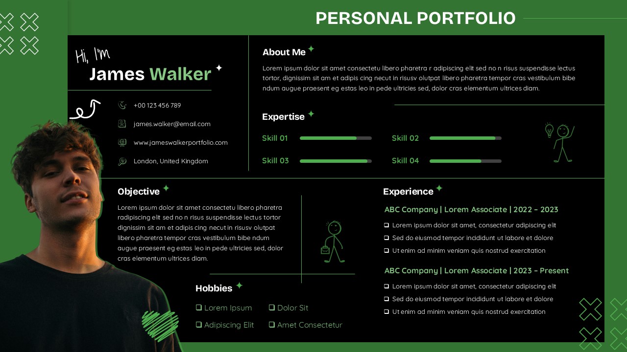 Portfolio slide for job interview with dark theme, profile image, contact info, skill bars, and structured experience sections