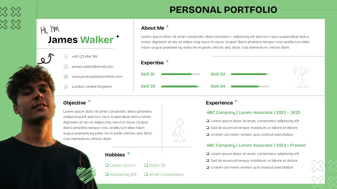 Portfolio PowerPoint presentation slide featuring profile photo, contact details, skills bars, experience, and modern green layout
