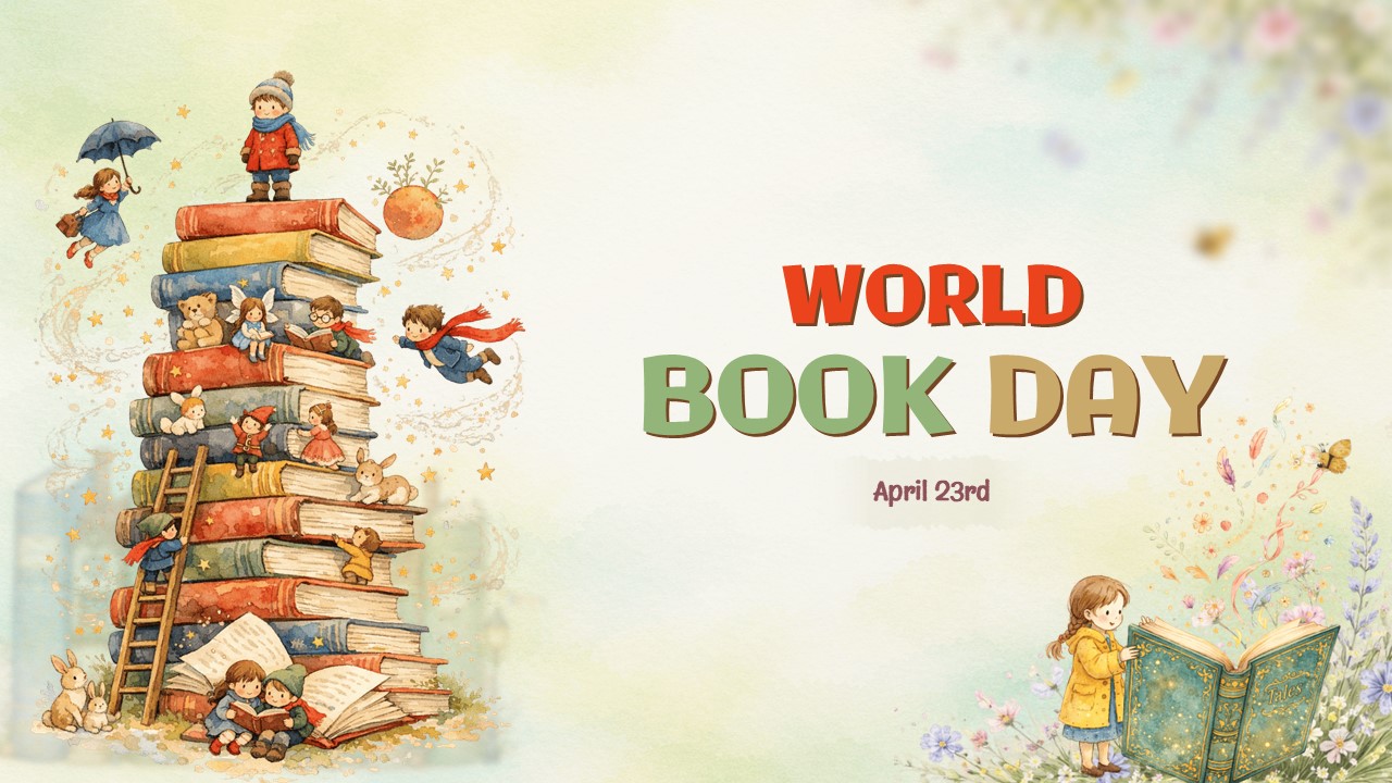 World Book Day presentation slide with stacked books illustration and children reading, colorful festive design