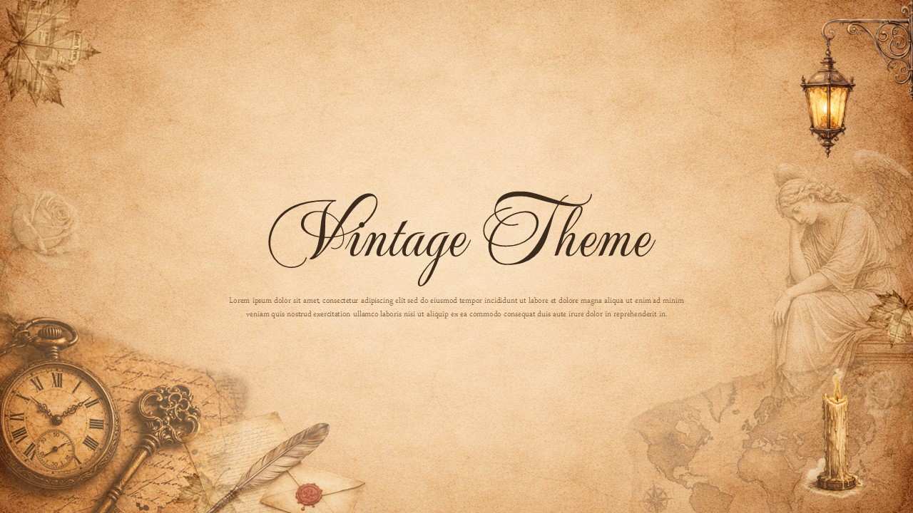 Vintage Theme PowerPoint & Google Slides Background Template - Cover slide with antique lantern, pocket watch, and candle