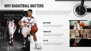 Basketball educational slide highlighting discipline, teamwork, and focus with action photography for inspirational presentations