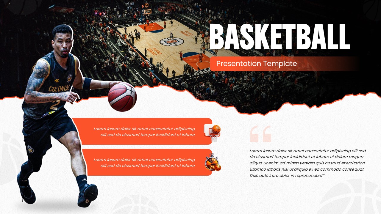 Basketball PowerPoint template title slide with dynamic player imagery and professional content sections for impactful presentations