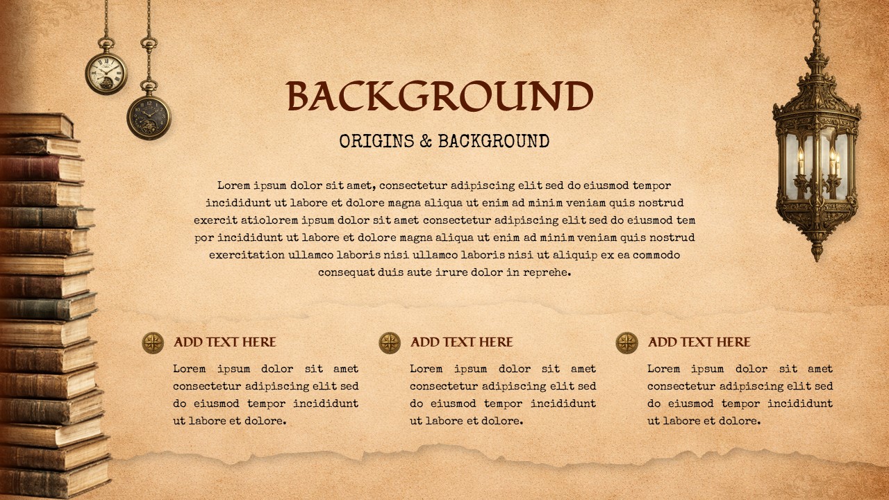 Vintage background slide with stacked books, antique lanterns, and text sections for origins and history content layout