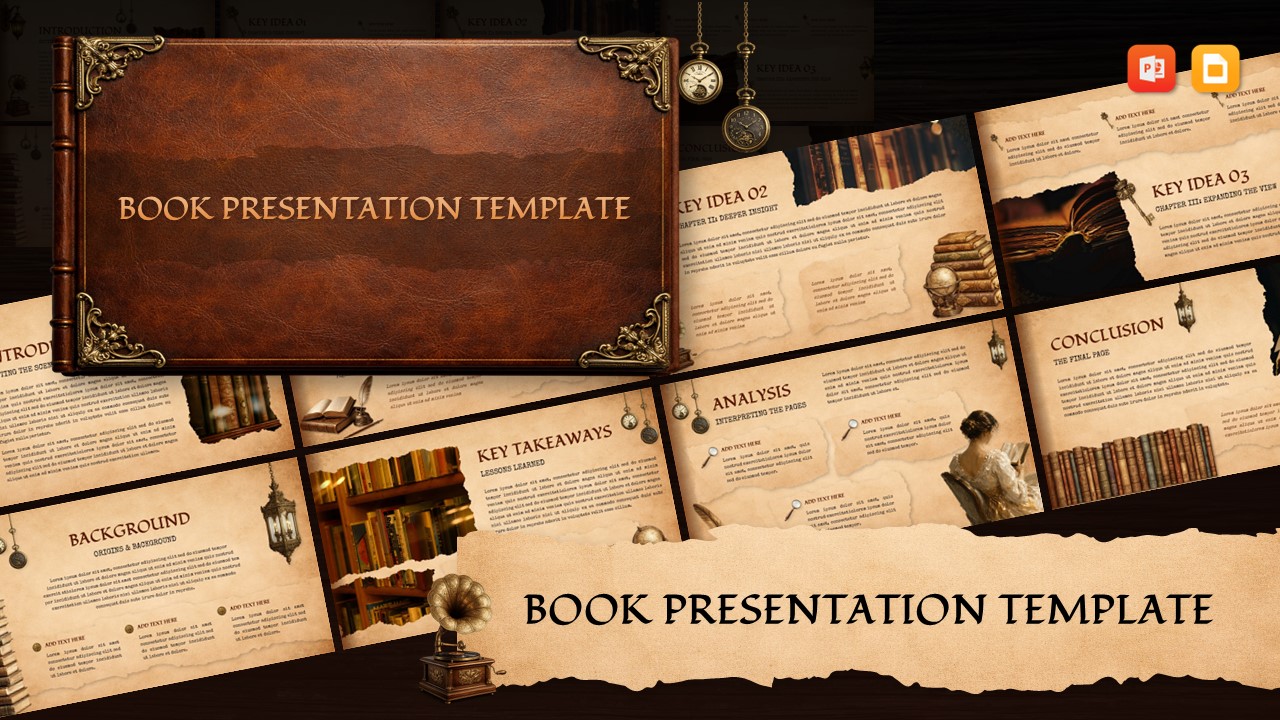 Vintage style book presentation template with leather cover design and multiple slide previews arranged in collage layout