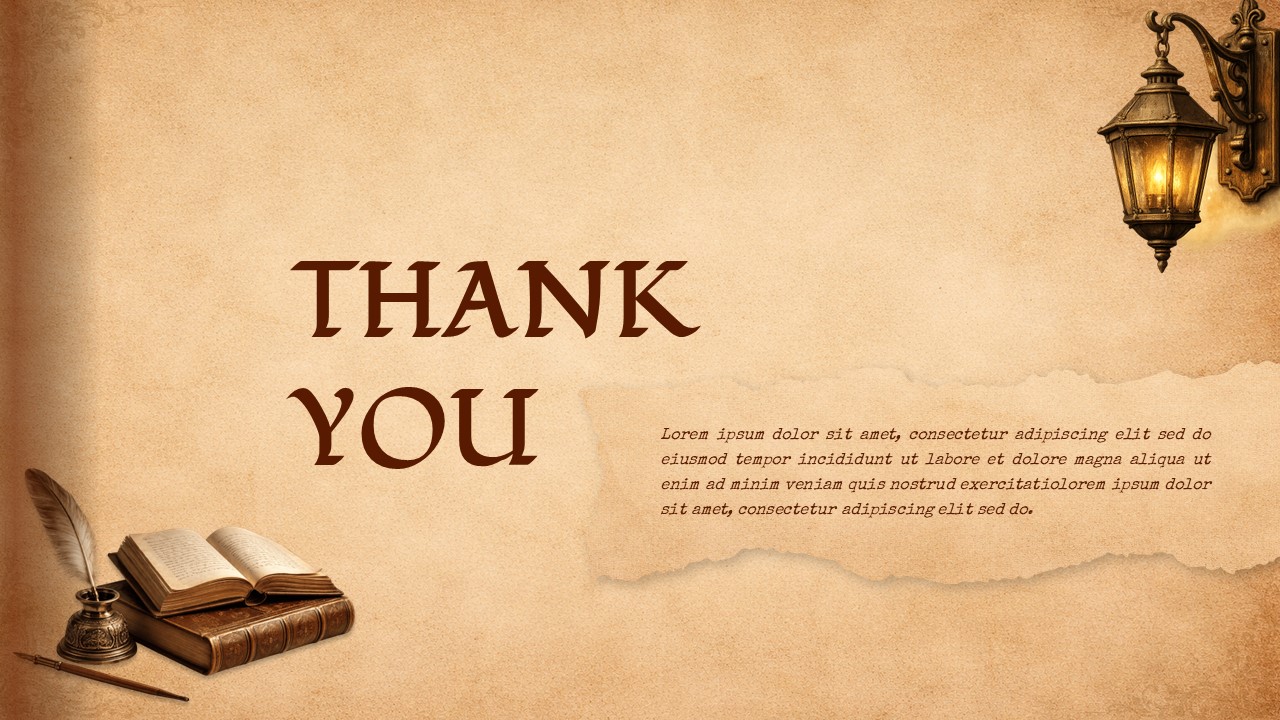 Vintage thank you slide with classic book, feather pen, and warm textured background with elegant typography