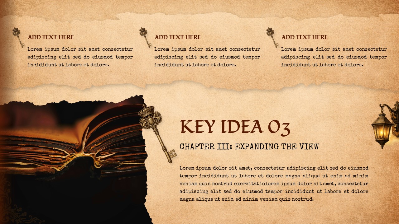 Vintage key idea slide for chapter three with open book image, text sections, and antique decorative elements