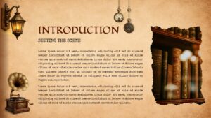 Vintage introduction slide with antique decor elements, text section, and bookshelf image in classic book presentation style