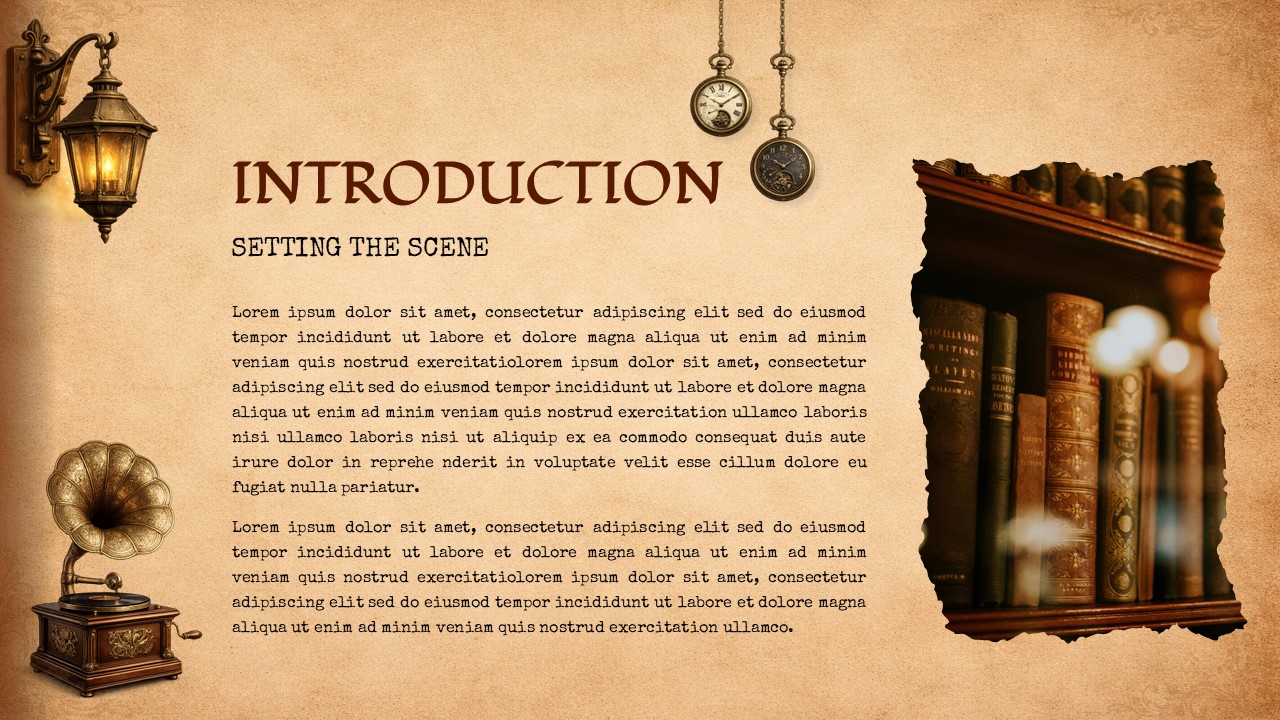 Vintage introduction slide with antique decor elements, text section, and bookshelf image in classic book presentation style