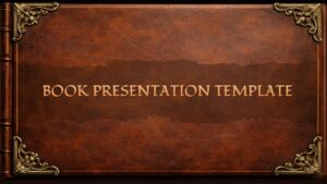 Vintage leather book cover presentation slide with textured brown background and classic decorative corner details