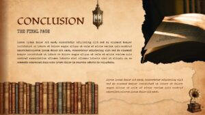 Vintage conclusion slide with classic book elements, final summary text, and open book image on textured background