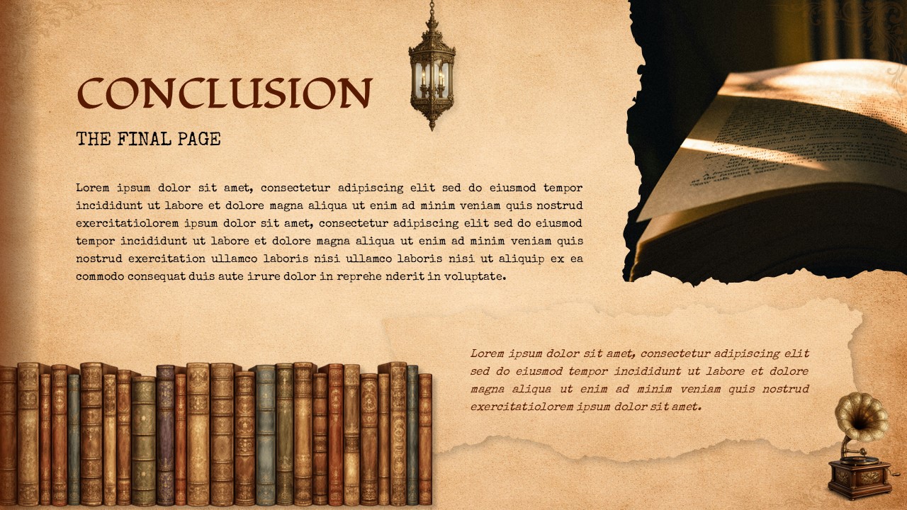 Vintage conclusion slide with classic book elements, final summary text, and open book image on textured background