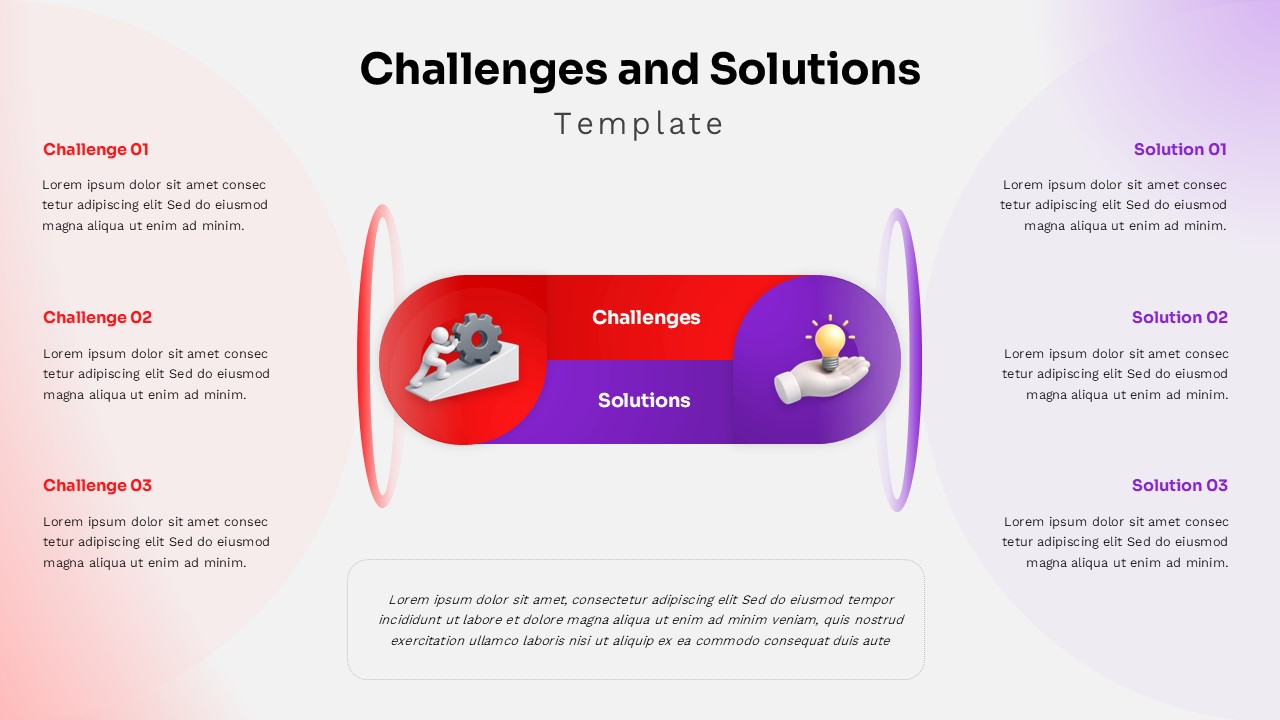 Challenges and Solutions Google Slides template with light theme featuring problem-solution comparison layout