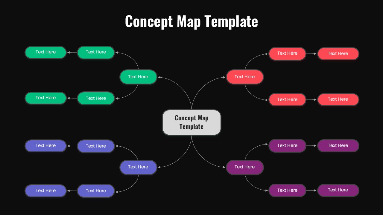 Concept Map template dark version with central hub and colorful branches