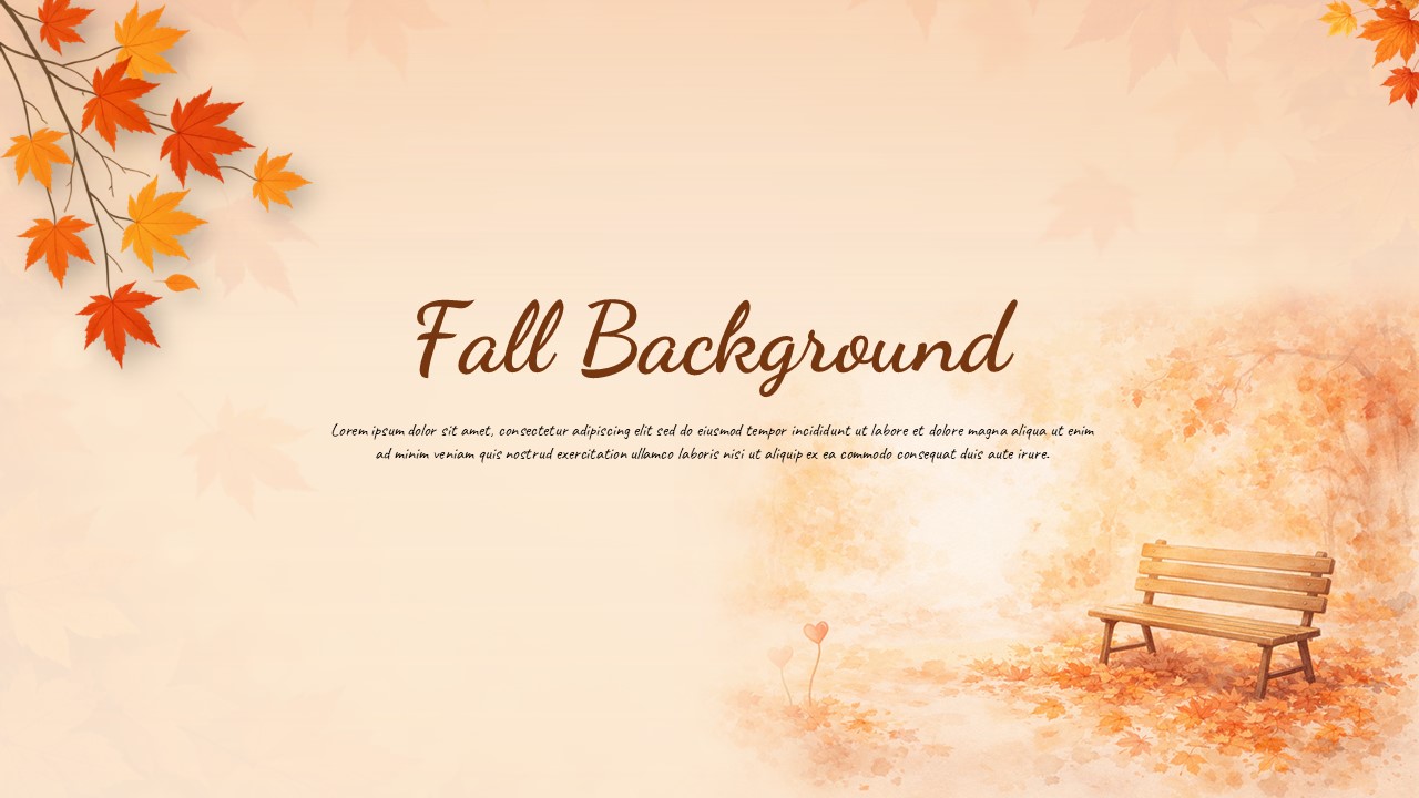 Fall Background PowerPoint Template - Cover slide with autumn maple leaves, park bench, and warm gradient background