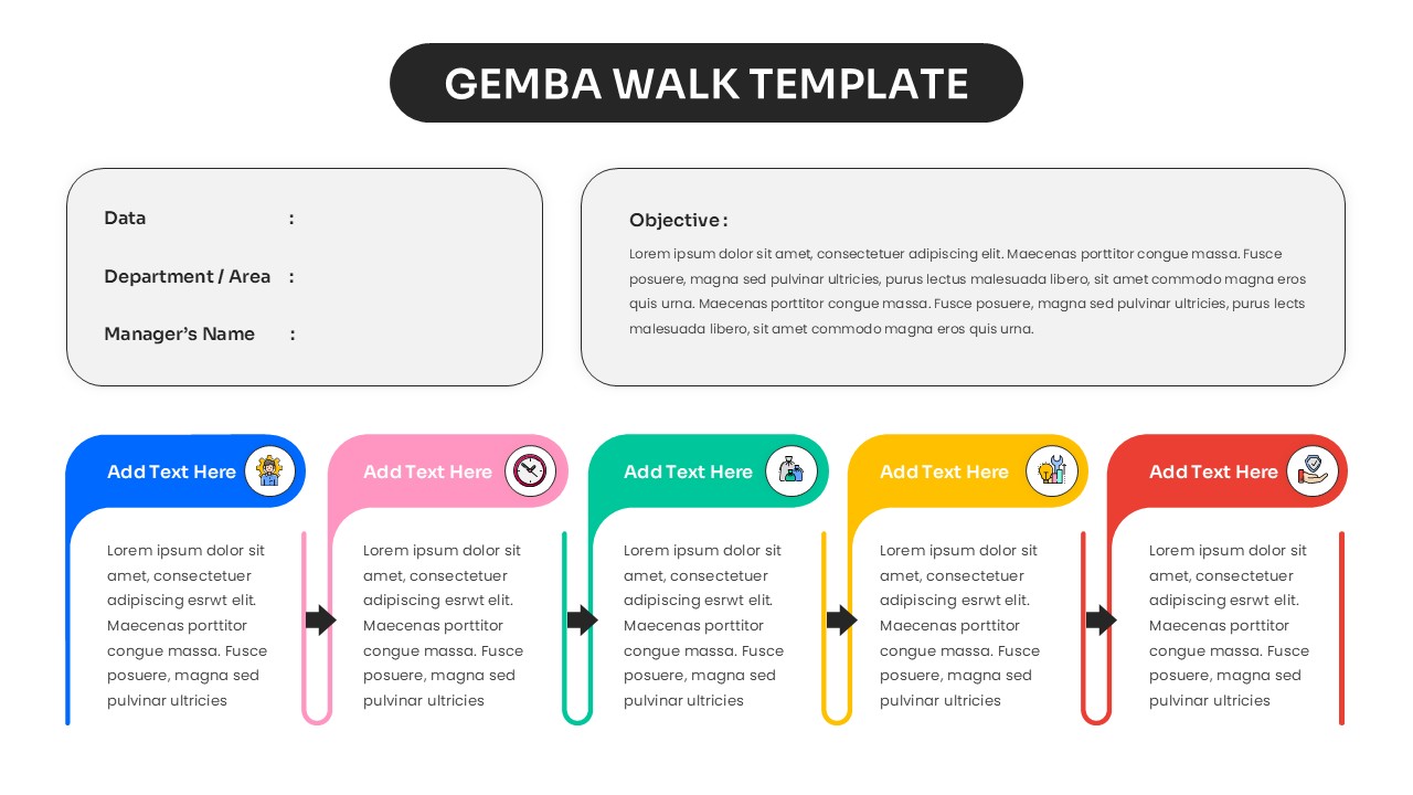 Gemba Walk PowerPoint template with 5-step process flow on light background