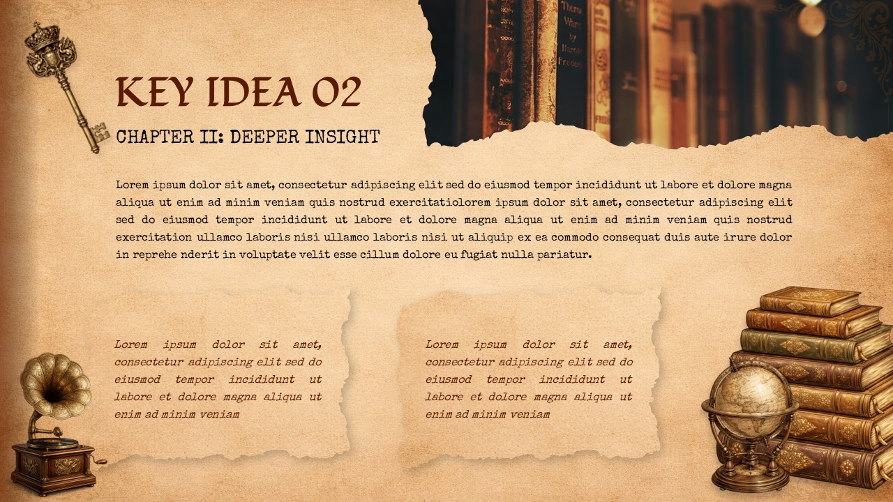 Vintage key idea slide for chapter two with book visuals, antique decor, and text sections on textured paper background