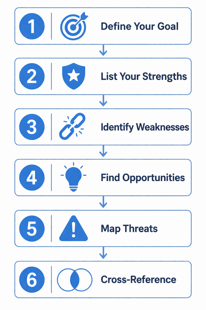 Six steps showing how to conduct a personal SWOT analysis from goal setting to action planning