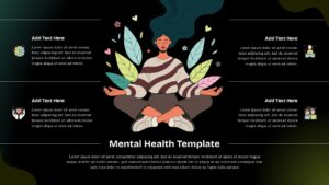 Illustration of woman meditating with leaves and icons in mental health PowerPoint template slide layout with text sections