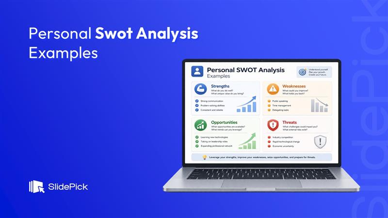 Blue gradient blog banner by SlidePick featuring the title ‘Personal SWOT Analysis Examples’ alongside a laptop displaying a SWOT analysis dashboard with sections for strengths, weaknesses, opportunities, and threats.
