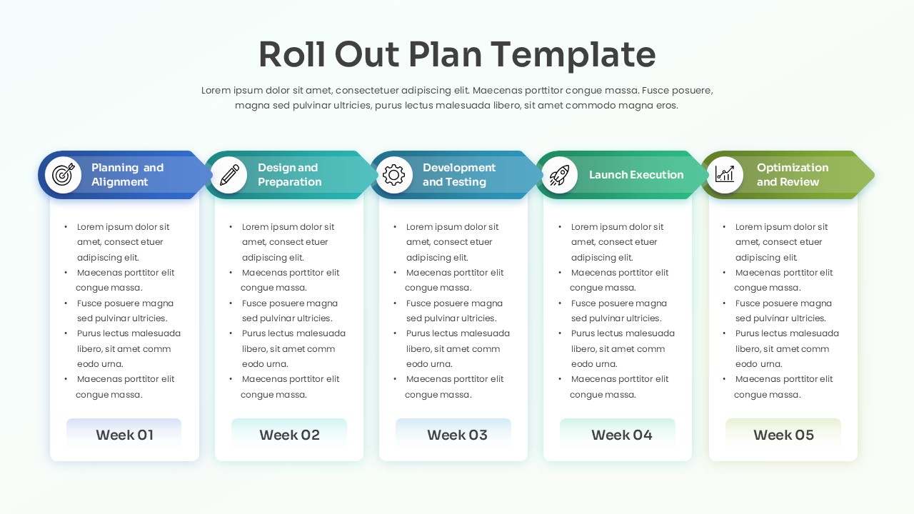 Project rollout plan template slide showing five stages from planning to optimization with weekly timeline columns