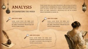 Vintage analysis slide with interpretation sections, antique elements, text blocks, and reading woman illustration on background