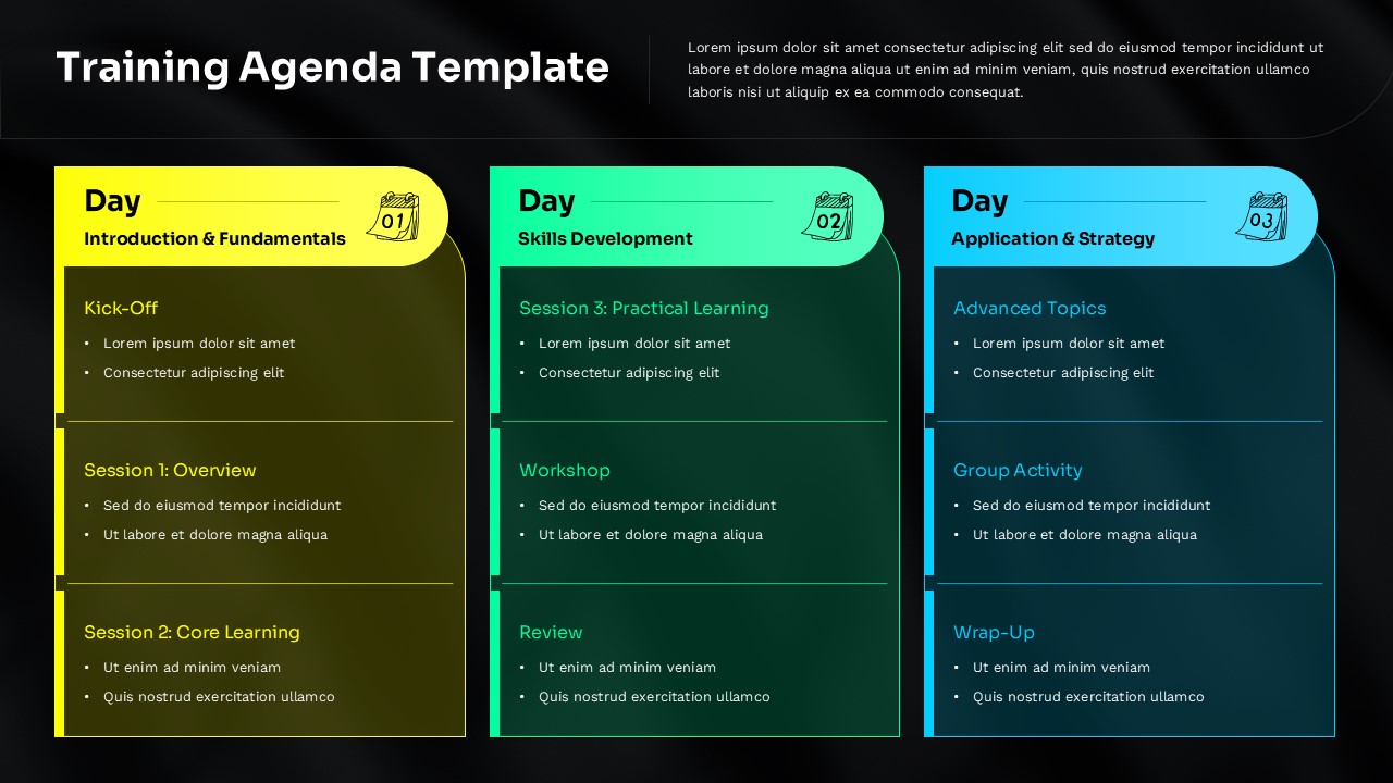 Three-day training agenda slide with color-coded sections for introduction, skills development, and application sessions