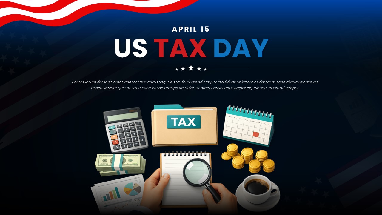 Free US Tax Day PowerPoint & Google Slides Template - Cover slide with patriotic red, white, blue design
