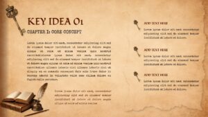 Vintage key idea slide with chapter concept layout, text sections, antique keys, and book illustration on textured background