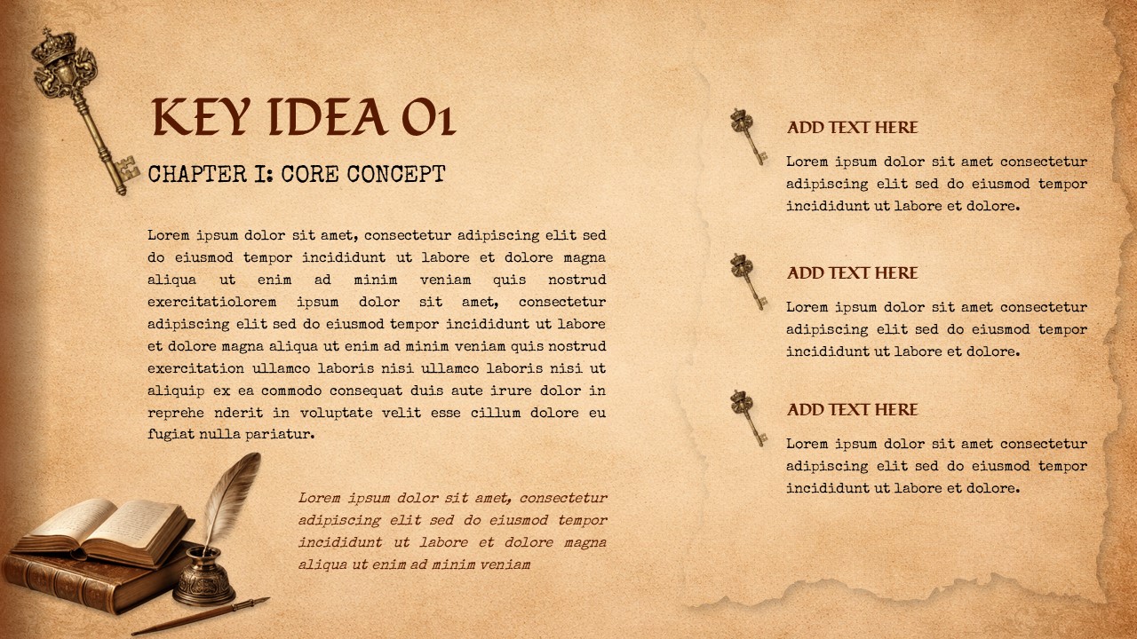 Vintage key idea slide with chapter concept layout, text sections, antique keys, and book illustration on textured background